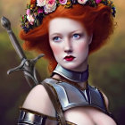 Red-haired woman in floral crown and medieval armor against castle spires