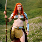 Red-Haired Warrior Woman in Ornate Armor Holding Spear on Green Hills