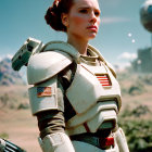 Sci-fi female soldier in white armor with bionic arm in desert landscape