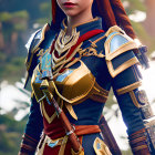 Elf warrior digital artwork: red hair, golden armor, intricate headpiece, forest setting