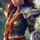 Red-Haired Elf in Blue and Gold Armor Surrounded by Flowers