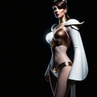 Futuristic white and bronze outfit on woman against dark background