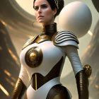 Futuristic white and gold armored costume on confident woman in heroic pose