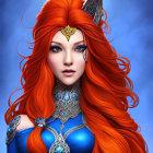 Fantasy female warrior digital art portrait with red hair and silver armor on blue backdrop