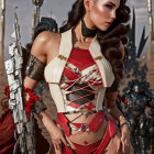 Detailed Fantasy Armor with Red and Silver Elements and Cape