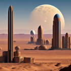 Sci-fi spaceport with rockets on desert planet under moonlit sky