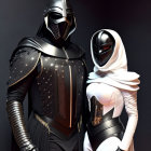Futuristic male and female characters in glowing red armor pose on dark background