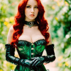 Vibrant red-haired woman in black and green corset against lush green backdrop