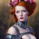 Digital portrait of woman with blue eyes, red hair, purple flowers, silver armor.