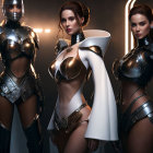 Three Women in Futuristic Stylized Armor with Humanoid Robots in Sci-Fi Setting