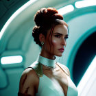 Detailed Armor and Stylish Hair on Female Android in Futuristic Spaceship Interior