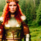Golden-armored woman with red hair in forest setting