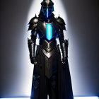 Stylized black armor with blue accents against curved wall
