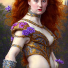 Detailed red-haired woman in golden armor with crown, surrounded by purple flowers