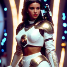 Female character in white and red futuristic armor with sleek helmet in sci-fi corridor.
