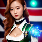 Red-Haired Woman in Green and White Outfit with Epaulette on Neon Light Background