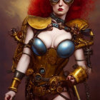 Vibrant red-haired woman in steampunk attire with goggles and gear details