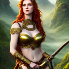 Red-Haired Warrior Woman in Golden Armor with Sword in Misty Forest