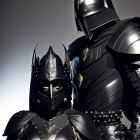 Futuristic black armor suits with helmets on grey background