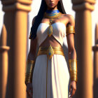 Digital artwork: Woman in Egyptian attire with gold and blue jewelry, standing by columns