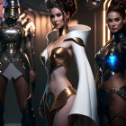 Futuristic woman in white and gold costume with glowing blue accents and two armored figures.