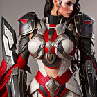 Digital artwork: Woman in futuristic knight armor with red accents and floral headpiece