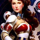 Futuristic female character in white and red armor with sci-fi hair and headpiece, set in