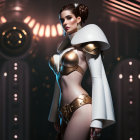 Futuristic woman in white and gold costume with metallic armor on soft lit backdrop