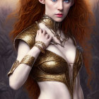 Digital artwork: Woman with fiery red hair in ornate silver armor