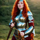 Red-haired woman in silver armor wields sword in sunny field