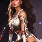 Cosmic steampunk digital art: Woman in white/silver armor with mechanical elements