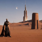 Figure in cape gazes at futuristic city on desert planet with multiple moons