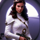 Woman in white futuristic uniform with blaster against sci-fi backdrop