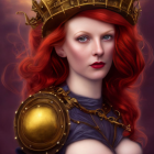Vibrant red-haired woman in steampunk headdress on maroon backdrop