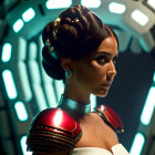 Elaborately styled hair and futuristic metallic armor on a woman in sci-fi setting