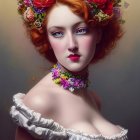 Portrait of woman with curly red hair in floral crown and dress against natural backdrop