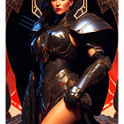 Futuristic black armor woman illustration on orange background