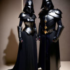 Futuristic black and gold armored duo, one feminine and one masculine.