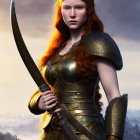 Warrior with Red Hair and Double-Bladed Axe in Misty Forest