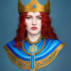 Red-haired woman in regal blue and gold costume with crown.