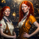 Two Women in Red Hair and Orange Work Uniforms with Brass Goggles in Industrial Setting