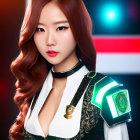 Woman with wavy brown hair in futuristic white-and-green police-style attire posing on red and blue background