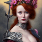Red-haired woman in floral crown and medieval armor against castle backdrop