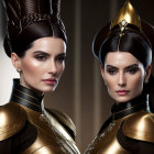 Futuristic black and gold costumes with elaborate hairstyles and headpieces