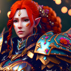 Fantasy elf portrait with red hair, jewels, golden armor, and pink blossom backdrop.