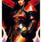 Illustrated female warrior in red and gold armor with wings and sword on dark backdrop