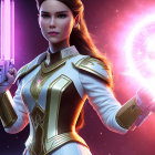 Futuristic woman in white and gold costume with glowing pink saber
