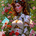 Female warrior in silver armor with floral backdrop and blue headpiece among pink flowers