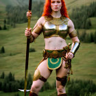 Red-haired woman in ornate warrior costume with spear in lush meadow
