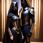 Futuristic knights in black armor against glowing backdrop